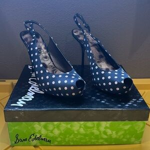 Navy blue, pink polka dot heels